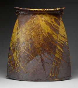 Large Flat Vase with Yellow Spirals